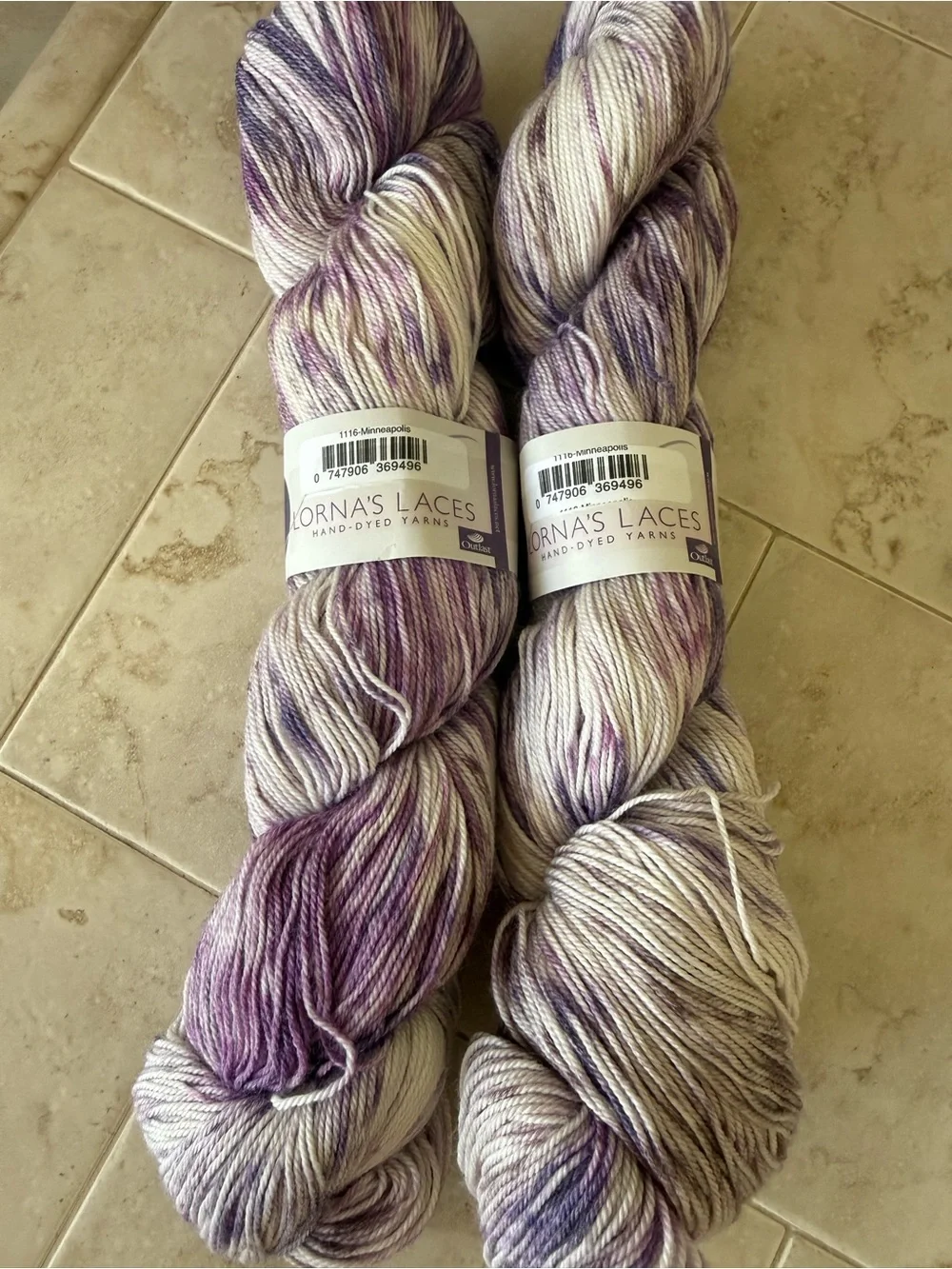 Lorna's Laces Hand-Dyed Yarn — Purple and Cream Speckled Skeins - Minneapolis